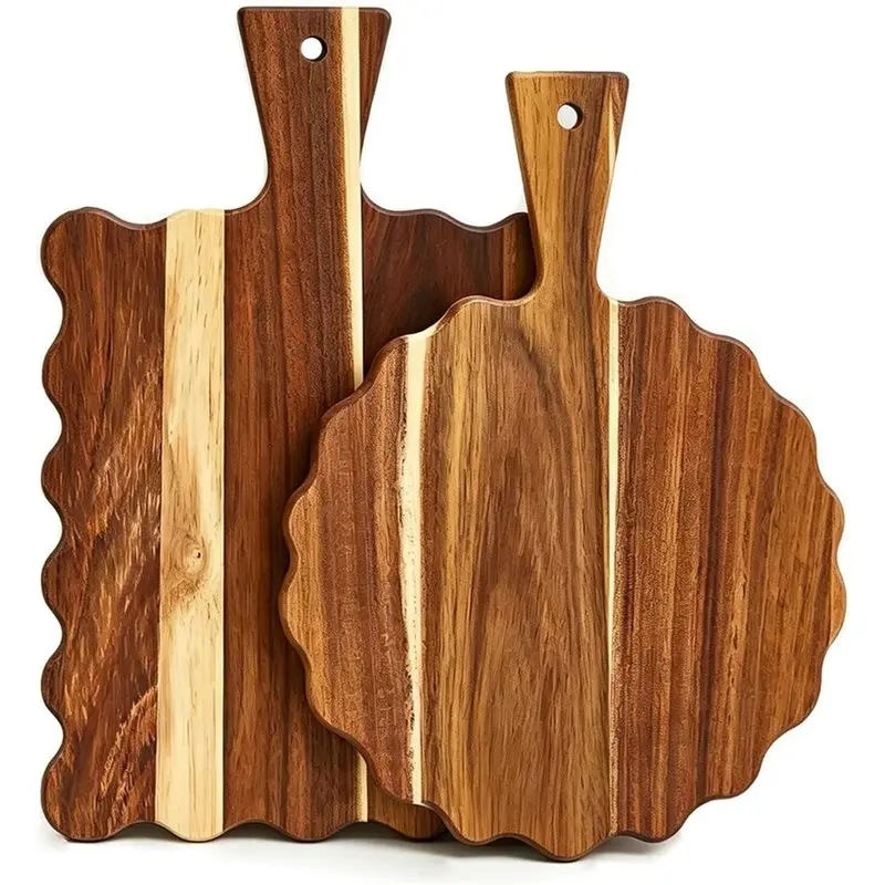 WORTHOWN-For Kitchen Decor Charcuterie Boards Serving Tray Wood Scalloped Cutting Board With Handle(2 Pcs), For Cheese Bread Piz