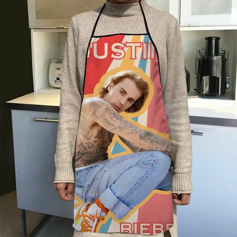 Custom Justin Bieber Apron Dinner Party Cooking Apron Adult Baking Accessories Waterproof Fabric Printed Cleaning Tools 1014