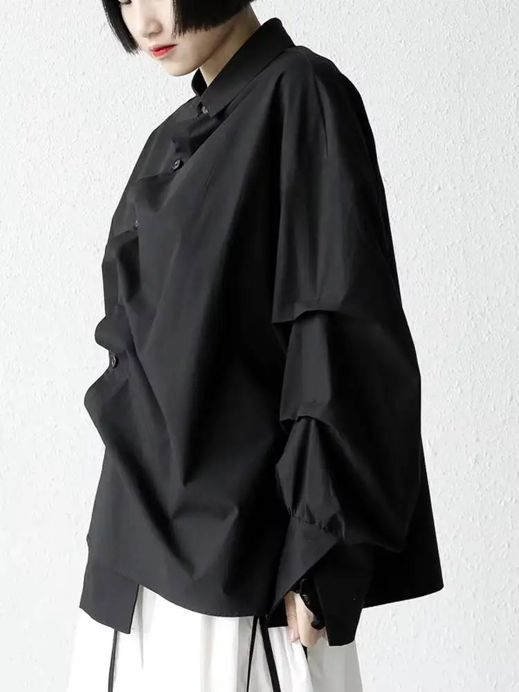 السيدات قميص طويل الأكمام الربيع والخريف جديد غير النظامية شخصية حبل تصميم موضة فضفاضة قميص حجم كبير غير رسمي