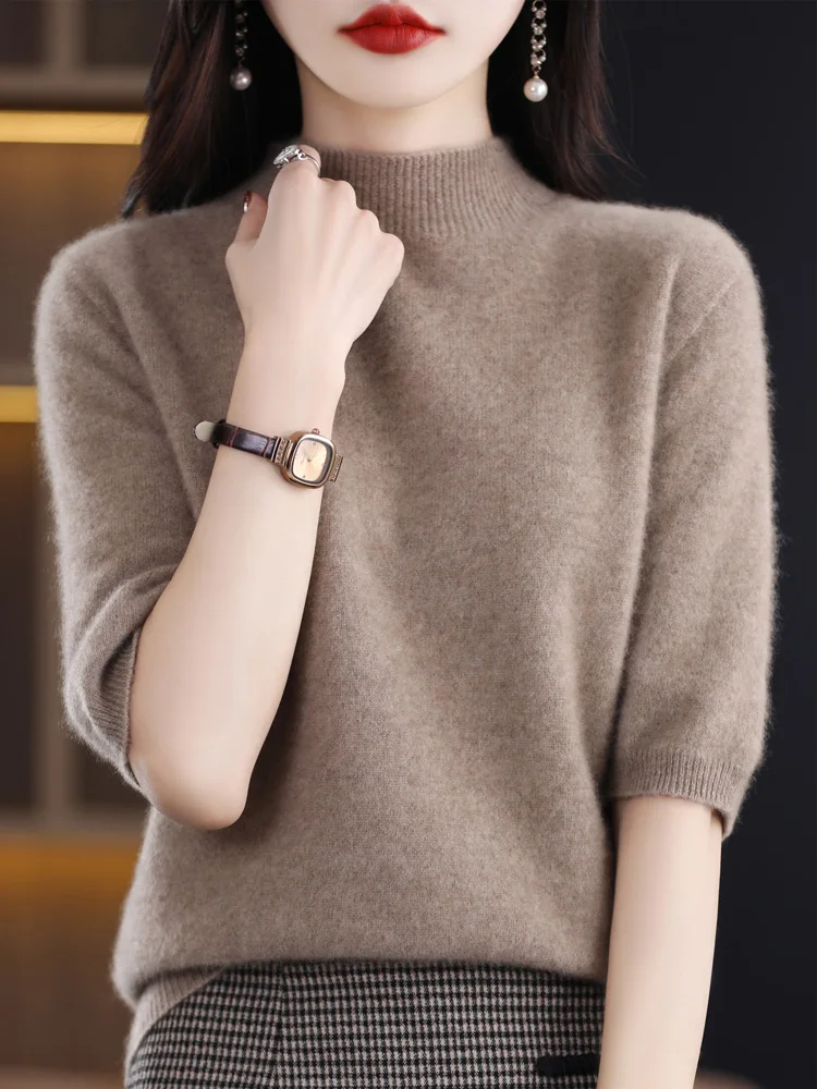 Fashion Half Short Sleeve 100% Merino Wool Sweater Basic Mock-Neck  Cashmere Women Knitted Top  Pullover Clothing Tops