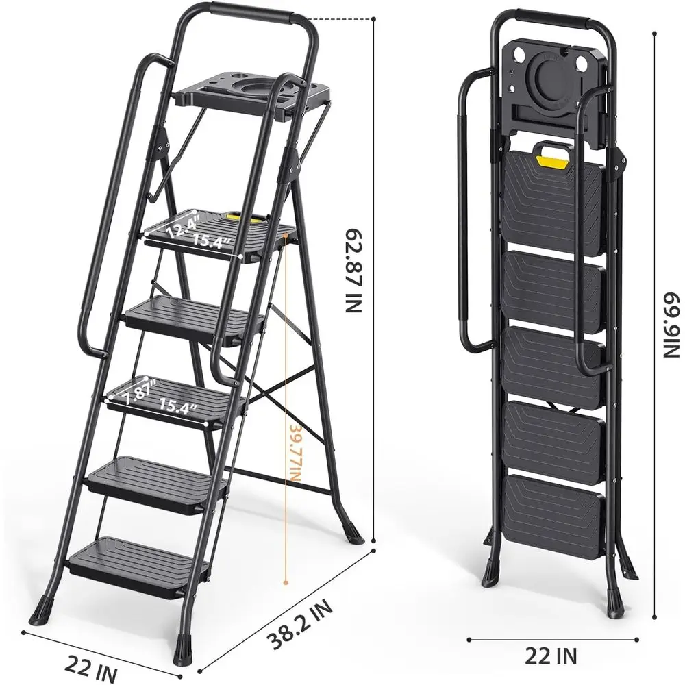 Sturdy Steel Step Stool with Anti-Slip Wide Pedals, Handrail, Sae-Lock Design, Portable Ladder or Multi-pose, Home, Kitchen (5 S