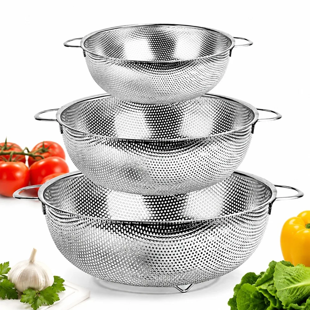3pcs Stainless Steel Colander Set Professional Kitchen Strainer Turbo Drain Holes Comfort Grip Handle Vegetable Food Cooking Kit