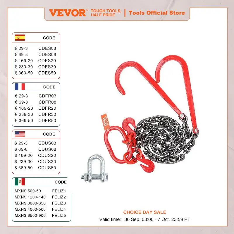 

VEVOR G80 V Bridle Chain Towing Chain Bridle with 15" J Hooks & Grab Hooks Transport Tow Chains for Flatbed Trailer Wrecker