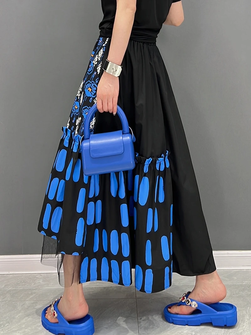 SuperAen 2022 Summer New Fashion Casual Printing Mesh Splicing Big Swing Casual A-LINE Skirts Womens