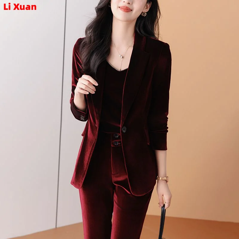 Women\'s Thick Warm Formal Blazer and Pants Suit, Quality Shiny Velvet, Office Work Wear, Winter, 2 Pcs