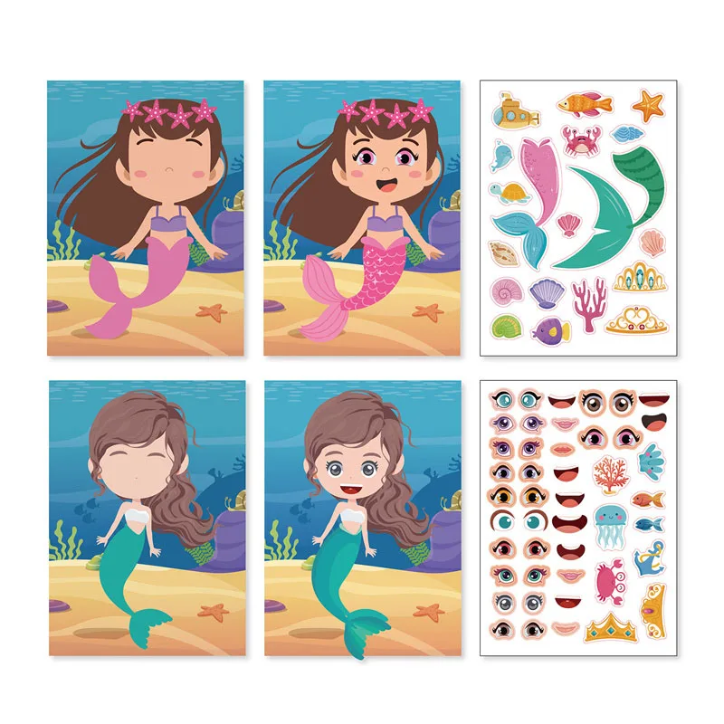 Adesivi per il viso fai da te per bambini Cartoon crea i tuoi adesivi per la principessa della sirena giocattoli artigianali per bambini giochi di Puzzle decalcomanie bomboniere