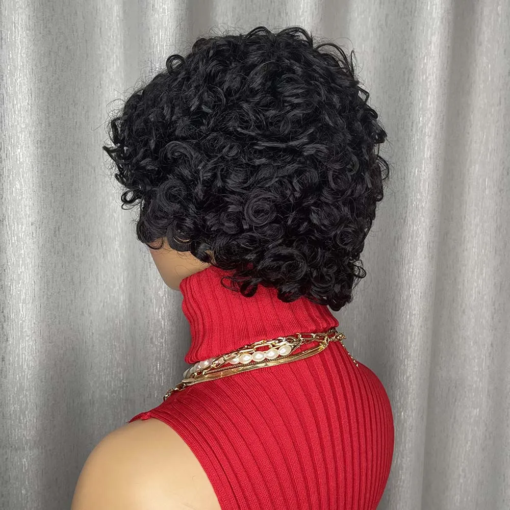 شعر مستعار مجعد بقص عابث للنساء ذوات البشرة السمراء، شعر بشري قصير مع غرة، شعر مستعار ريمي مصنوع آليًا بمظهر طبيعي للاستخدام اليومي