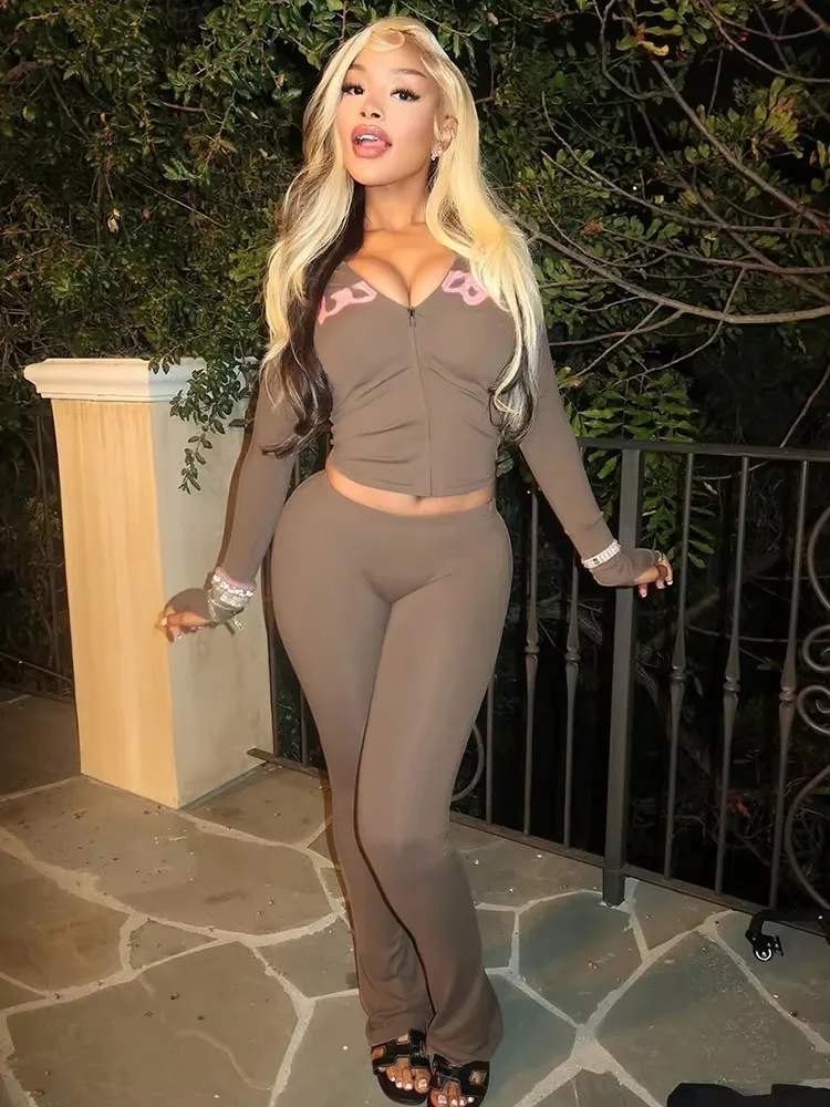 Weird Puss Letter Print Tracksuit 2-Piece Set Women Hooded Jacket+Leggings Matching Stretch Street Casual Sporty Slim Outfits