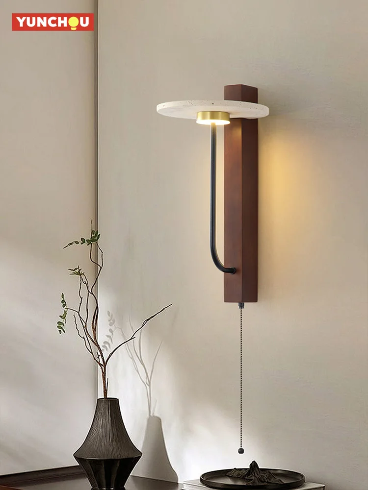 Wabi Sabi Yellow Travertine Wall Light Pull Chain Natural Stone Wood LED for Bedroom Bedside Living Room Hotel Decor