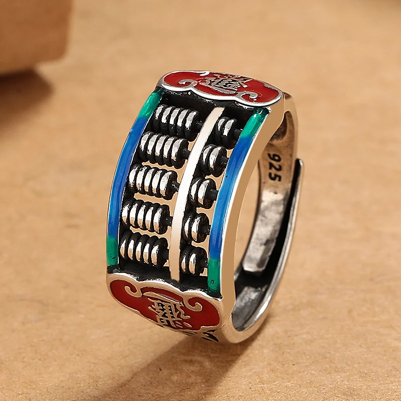 New Arrival Enamel Abacus Ring Female Personalized Ethnic Style Drip Glue Craft Opening Creative 925 Silver Ring Women Jewelry