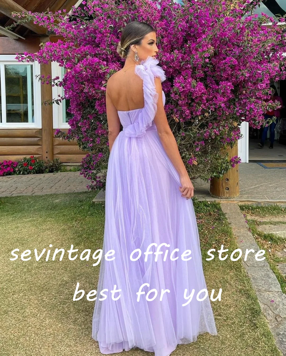 Sevintage elegante lavanda Tulle abiti da ballo una spalla senza maniche pieghe increspato a-line abiti da sera abito da festa formale 2023