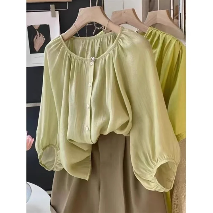 

Ele Anti-Aging 7/8 Sve Women's irt Design Lantern Sve Slimming round Ne Top Lightweight Comfortable Cotton Blend