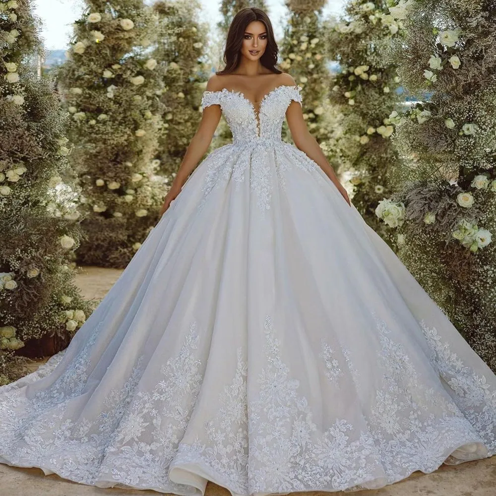 Gaun pernikahan elegan 2025 gaun pengantin bahu terbuka Sweetheart Vestido De Novia applique manik-manik renda disesuaikan