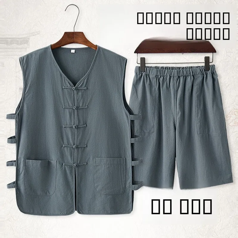 

Summer Men's Loose Breathable Thin ort Sve Vest orts Set Button Vintage Coat Cotton Blend Fabric Casual Sport Suit
