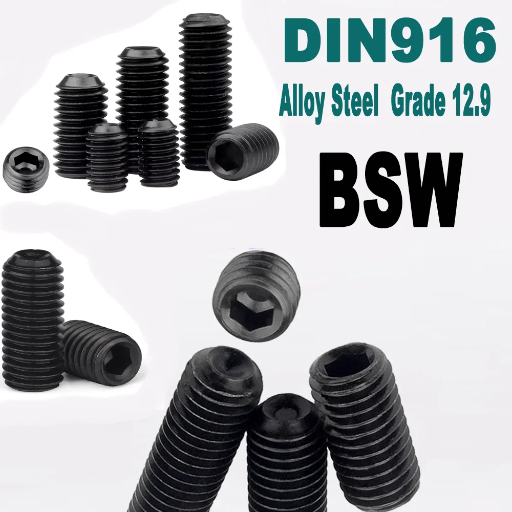 DIN916 Grade 12.9 Alloy Steel Hex Socket Set Screws BSW 1/8'' 5/32'' 3/16'' 1/2'' Headless Allen Bolts with Cup Point