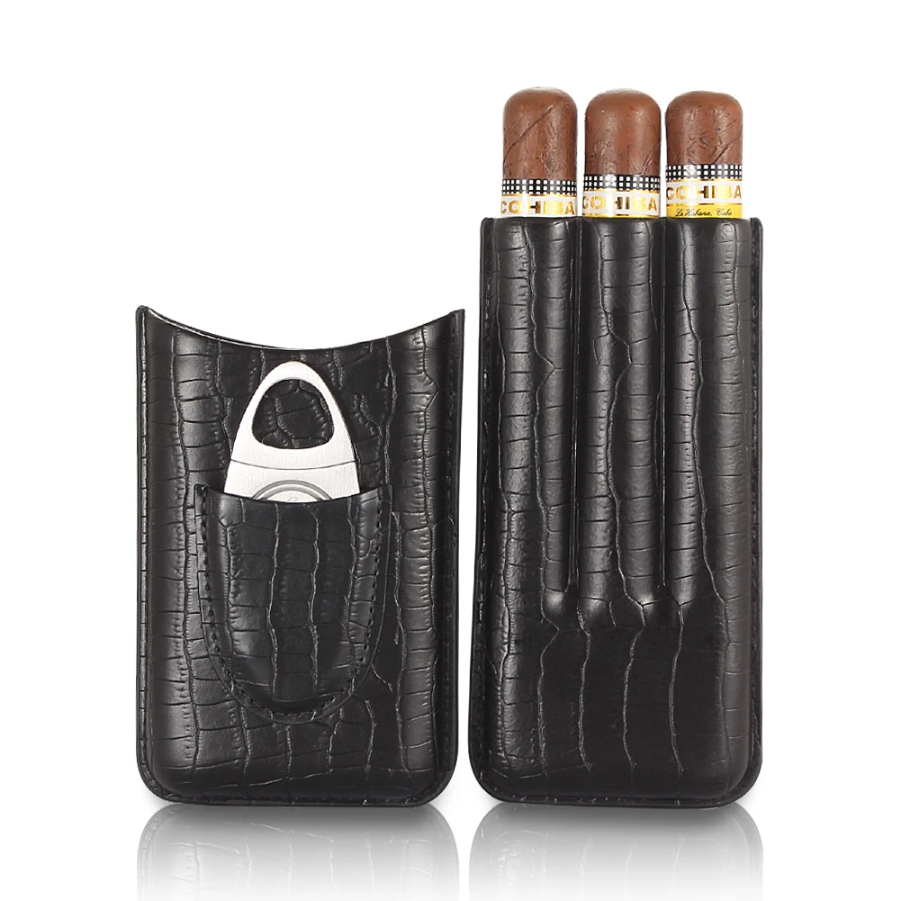 

GALINER Real Leather Cigar Case With Cutter Travel Humidor Portable 3 Tube Cigar Humidor Box