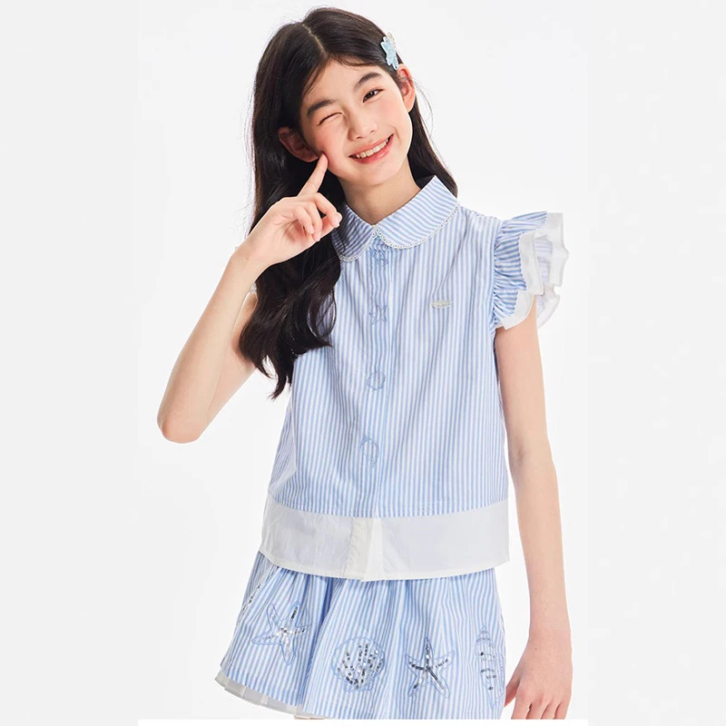 

New Summer Children Casual Stripe Clothing Set for Tweens Girls Puff Sleeve Top and Bottom Clothes Set Kids Luxury Outfit 5-14 T
