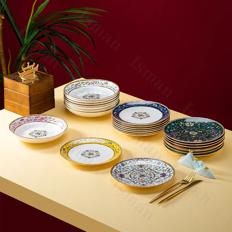 Light Luxury Gold Stroke Ceramic Dinner Plate Flower Relief Enamel Dish Bone China Western Plates Dishes Household Tableware