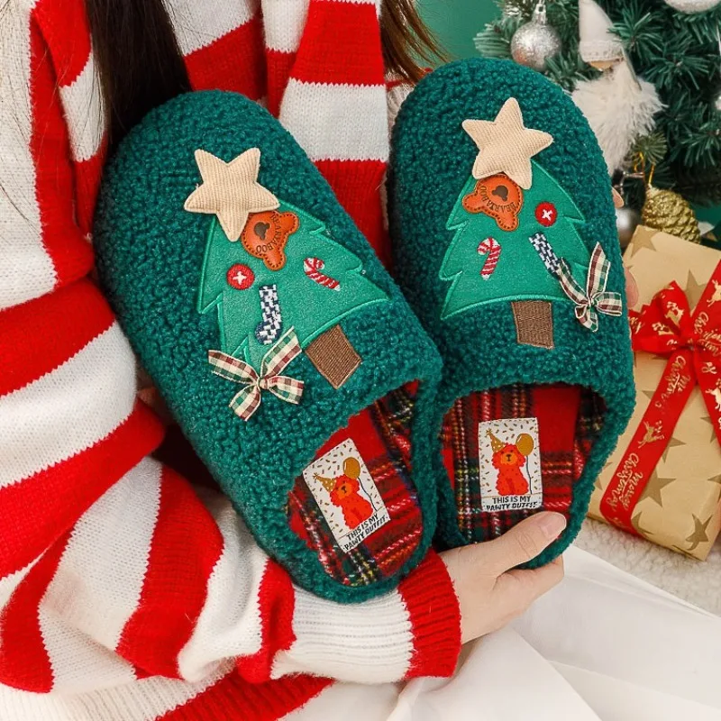 FallenVex Store Cute Christmas Tree Plush Slippers Women Winter Warm Fuzzy Anti-Slip Indoor Home House Shoes Cartoon Xmas Gift