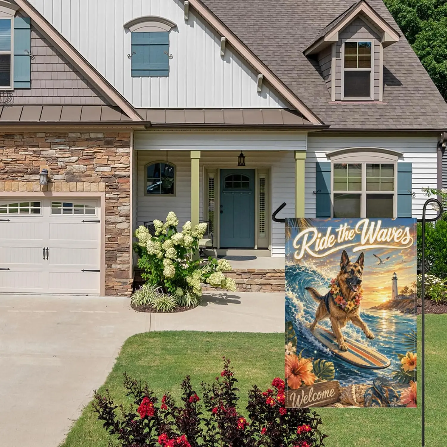 Fun German Shepherd Dog Surf Welcome Garden Flag 28x40 Inch,Coastal Beach Cute Animal Surfing Outdoor Yard Decor,Retro Summe kkz