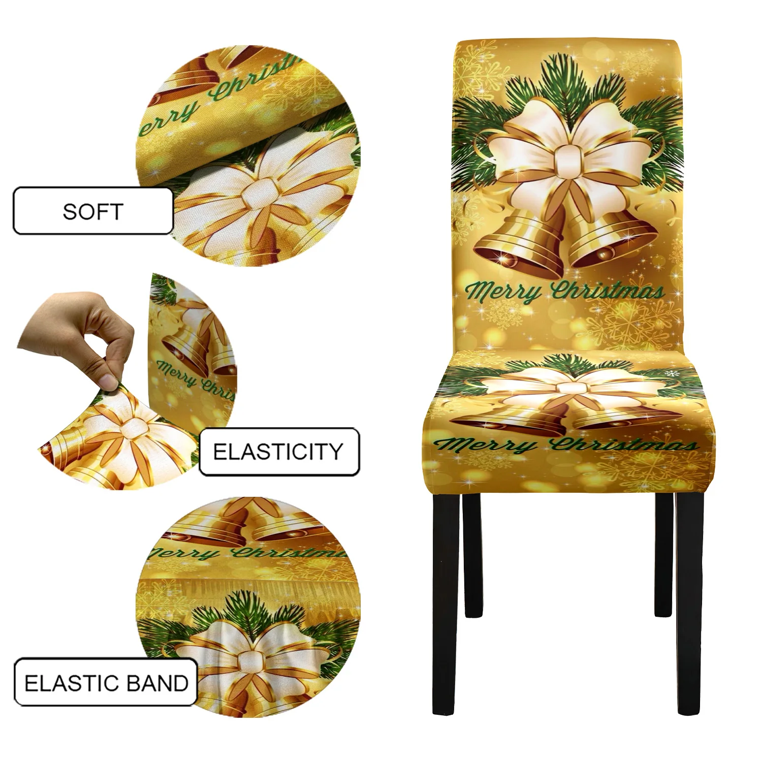 

4/6 шт., чехол на обеденный стул с принтом рождественского колокольчика, легко разбирается и моющийся, эластичный чехол на стул, подходящий для отеля-ресторана