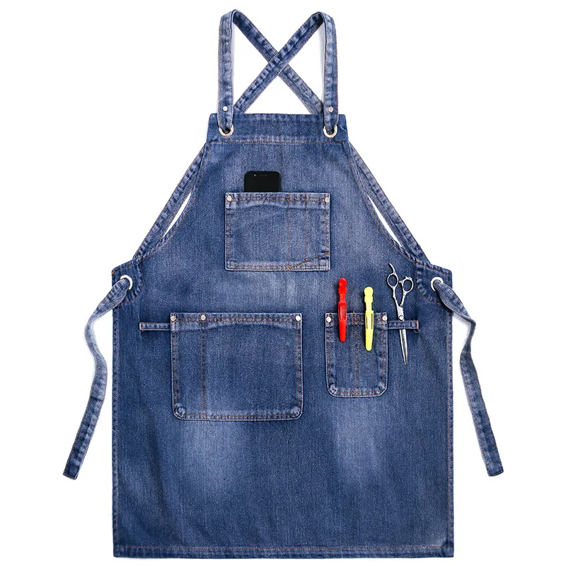 Retro Denim Apron Men\'s Fashion Work Clothes Hairdresser Milk Tea Shop Restaurant Waiter Female Kitchen Apron