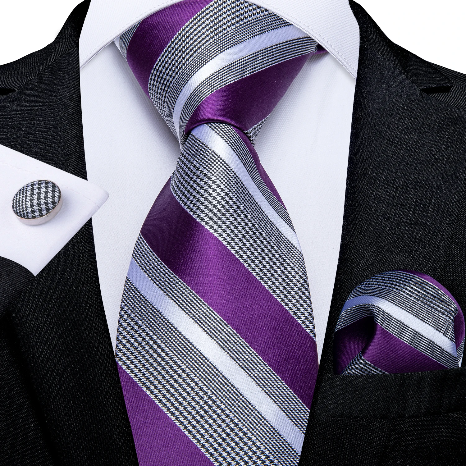 Multi Color Striped Mens Necktie Set 3 Piece, Tie Pocket Square Cufflinks Set For Office Business Wedding