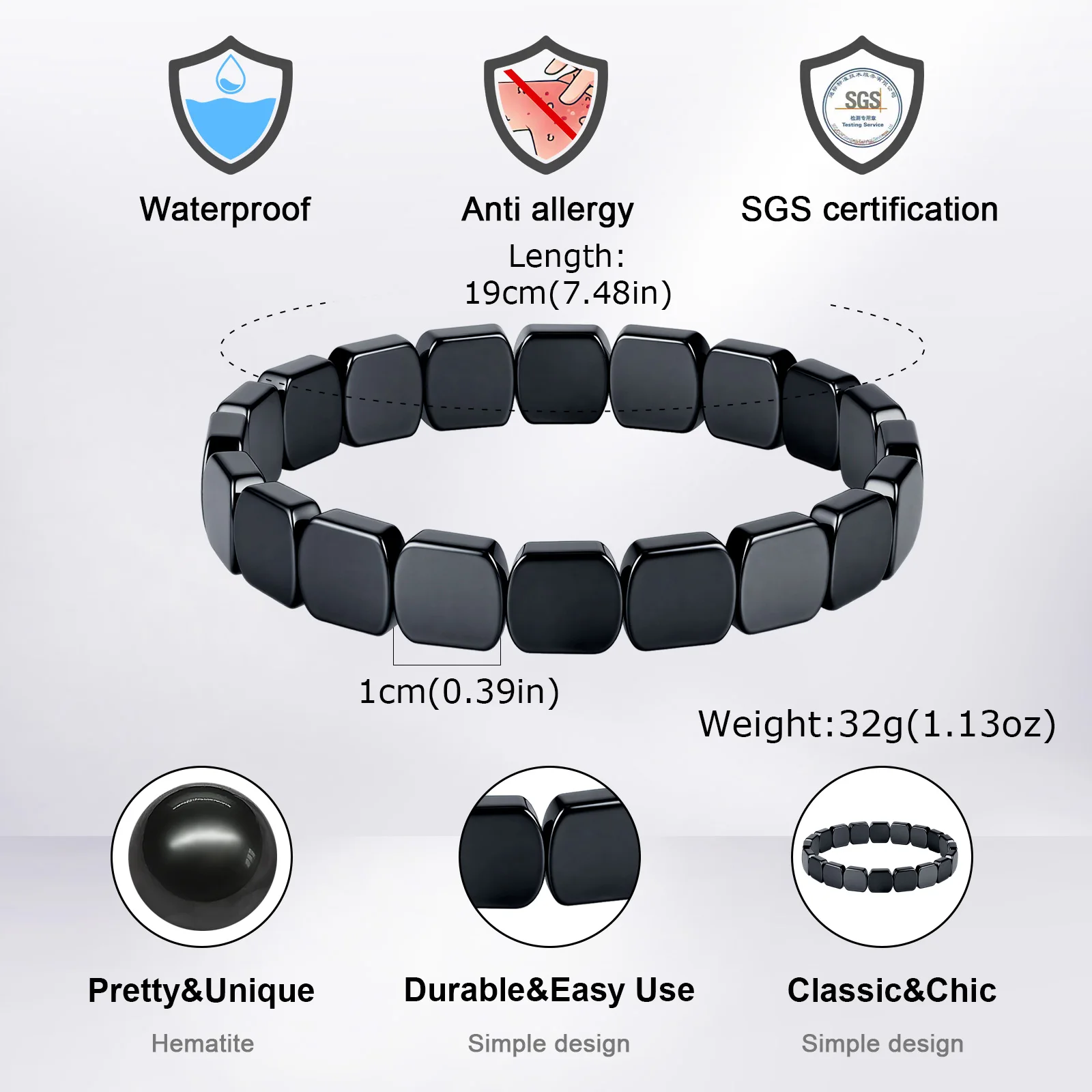 10mm Chunky Hematite Elastic Bracelet for Men,Black Natrual Stone Positive Energy Yoga Beaded Bracelet Gift
