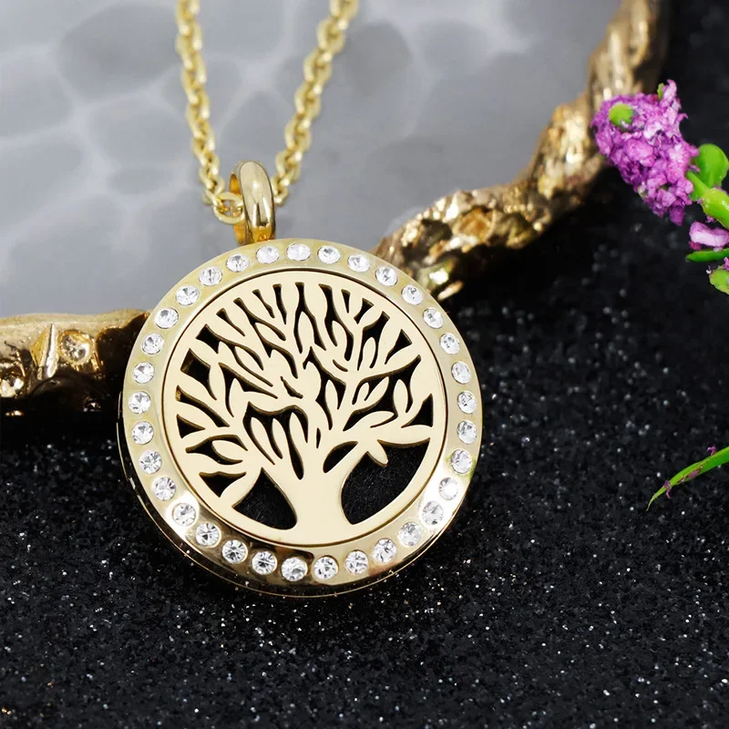 Mode roestvrijstalen aromatherapie hangers DIY dames holle levensboom etherische olie diffusie doos ketting partij sieraden