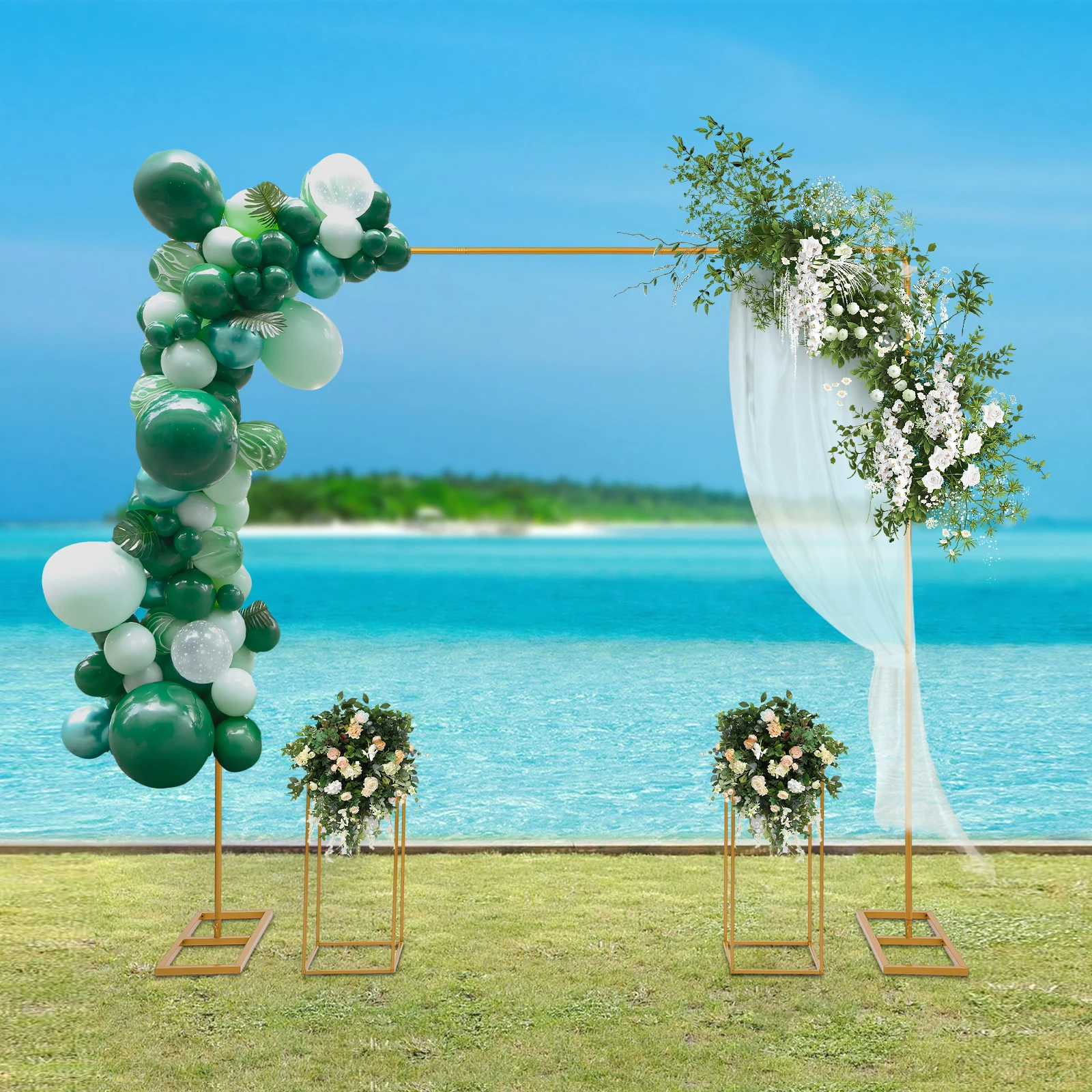 White/Gold Balloon Stand + 2PCS Square Flower Stands, Metal Wedding Stand, Wedding Backdrop Stand