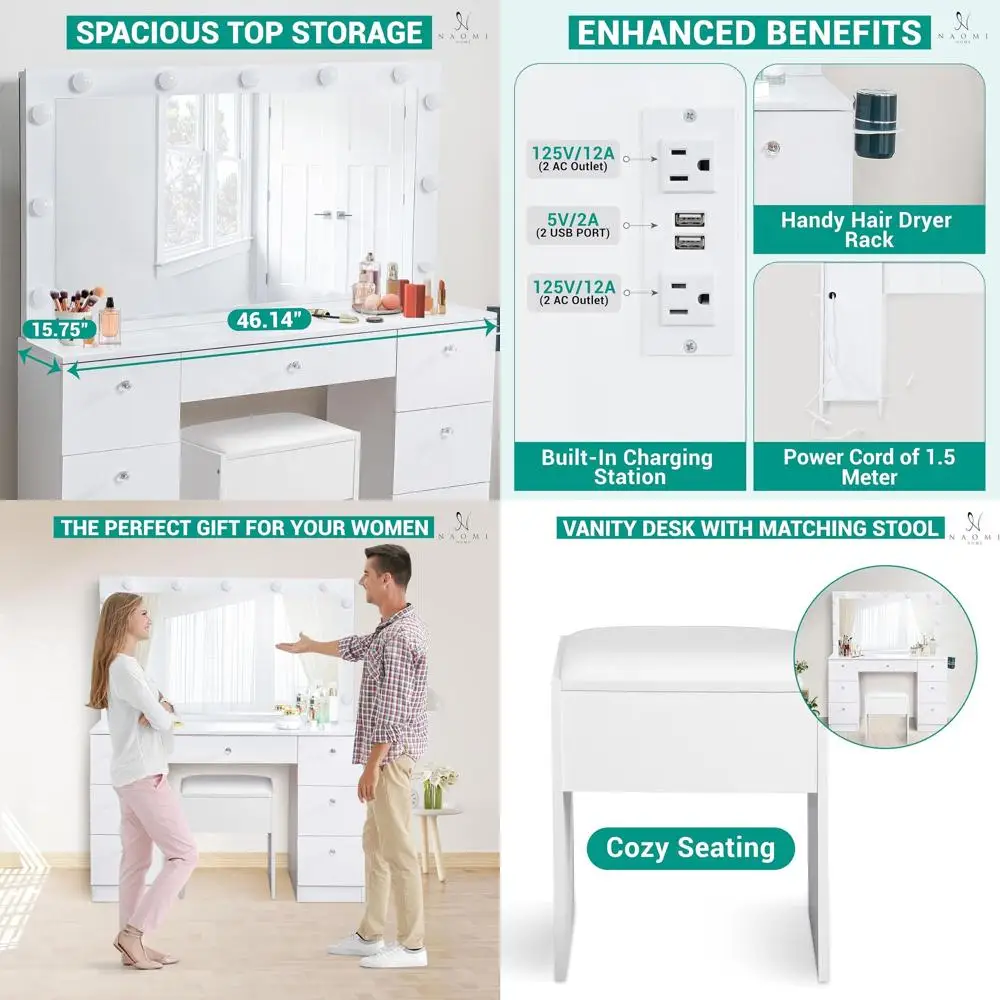 

Туалетный столик 46 с зеркалом, LED-подсветкой, ящиками для хранения и табуретом для макияжа, идеально подходит для женской спальни или гардеробной