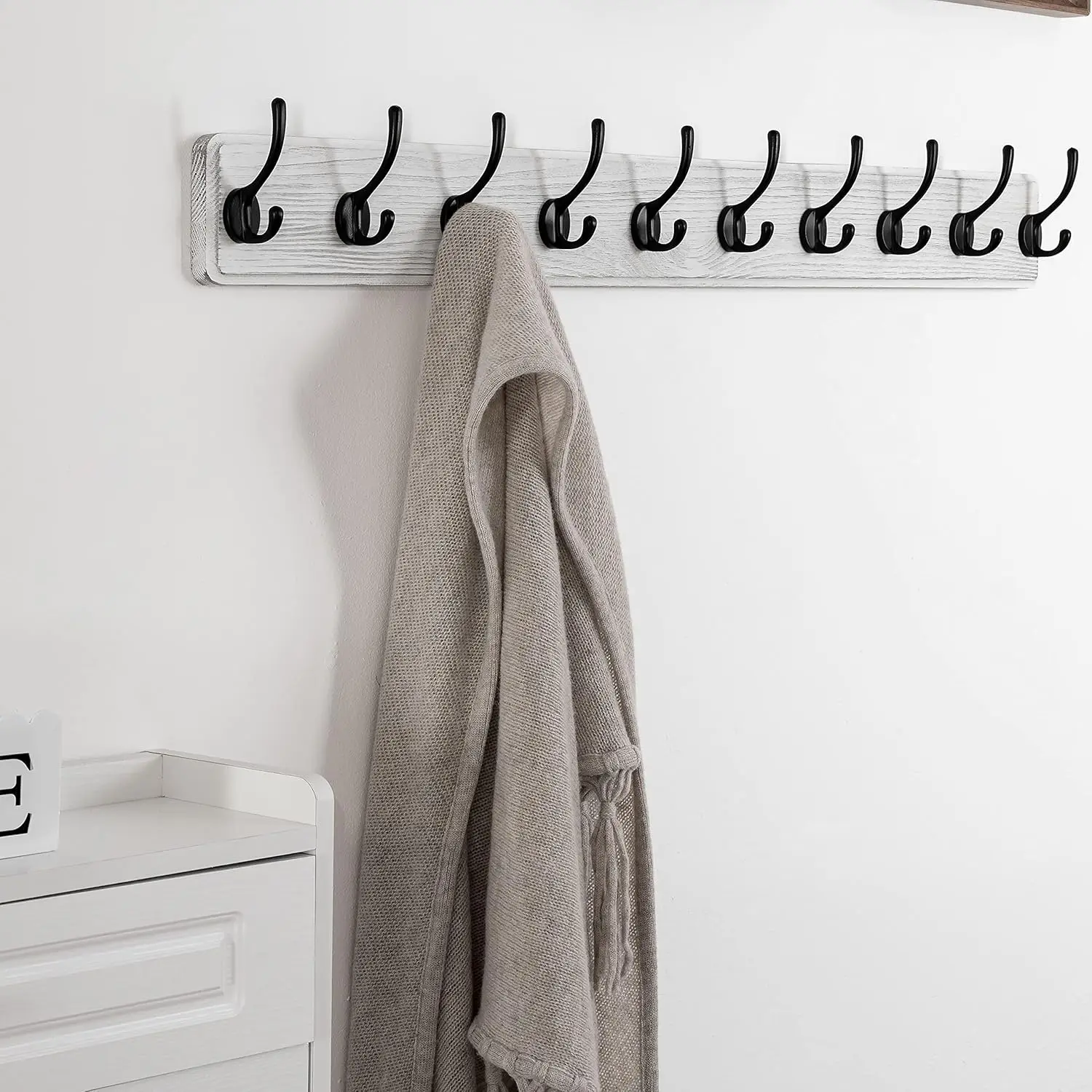 

Farmhouse Style Wall Mounted Coat Rack, Wood Coat Hook Hanger - 10 Hooks For Hanging Clothes Robes Towels Coats