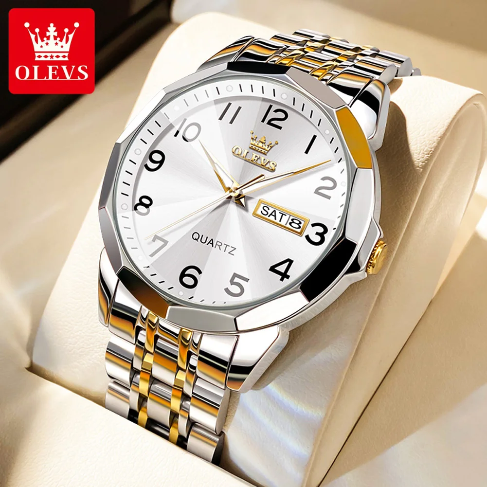 OLEVS Original Luxury Brand Watch for Men Waterproof Silver Stainless Steel Classic Casual Quartz Wristwatch Date Week Man Gift