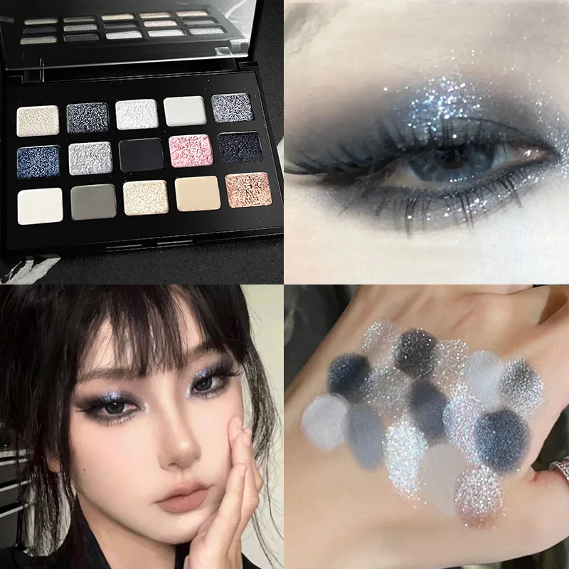 Paleta de Sombras de Ojos Negras Ahumadas, 15 Colores, Estilo Punk, Maquillaje de Ojos Neutro, Sombras de Ojos Brillantes con Lentejuelas Perladas