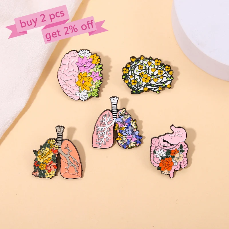 Floral Organ Enamel Pins Custom Brain Lung Intestines Stomach Brooches Lapel Badges Cartoon Plant Jewelry Gift for Kids Friends
