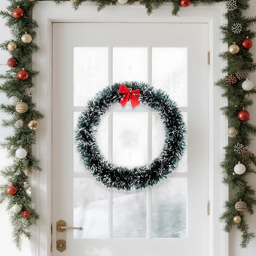 Christmas Hanging Wreath - Dark Green Tinsel Vine with Colored Stripes - Decor for Trees, Yards, Doors & Windows