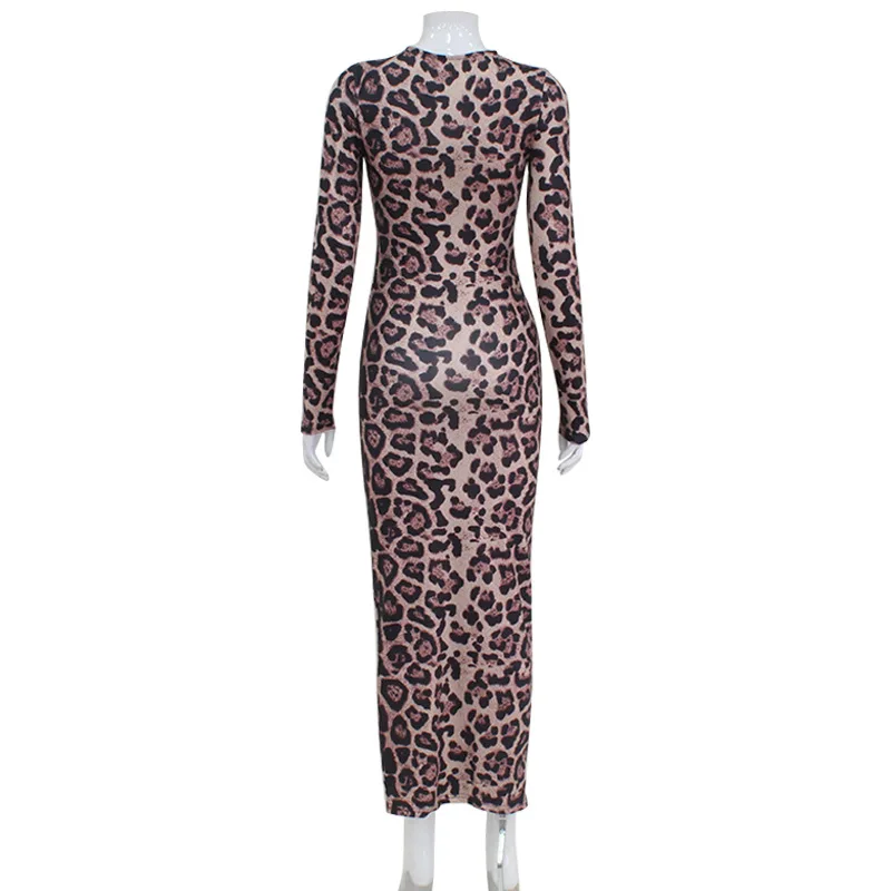 Vestido bodycon leopardo feminino, vestidos de manga comprida, roupas gola em O, moda feminina fina, clube sexy