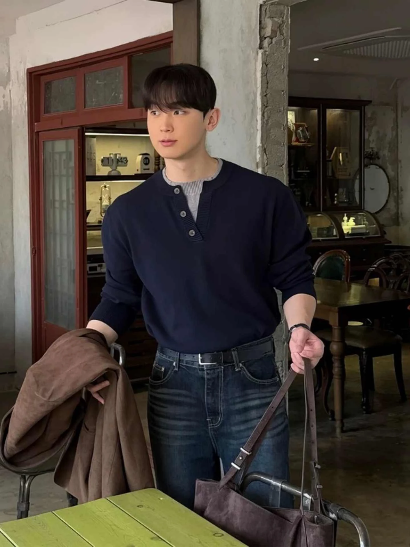 

Мужской вязаный свитер на осень-зиму, имитация двухслойности, свободный крой, теплый, с круглым вырезом, повседневный, с длинным рукавом, воротником Хенли, на флисовой подкладке