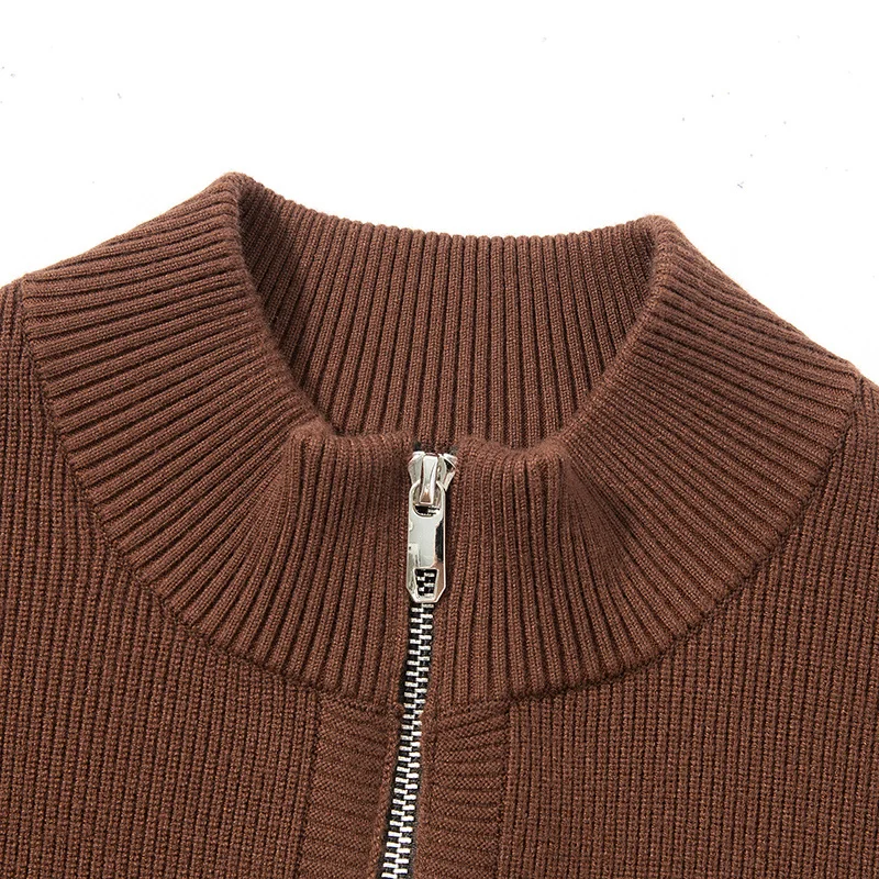 남성 트렌디 스웨터 가디건 2025 가을 더블 지퍼 니트 코트 남성 슬림 핏 가디건 스탠드 칼라 니트 아우터웨어 긴 소매