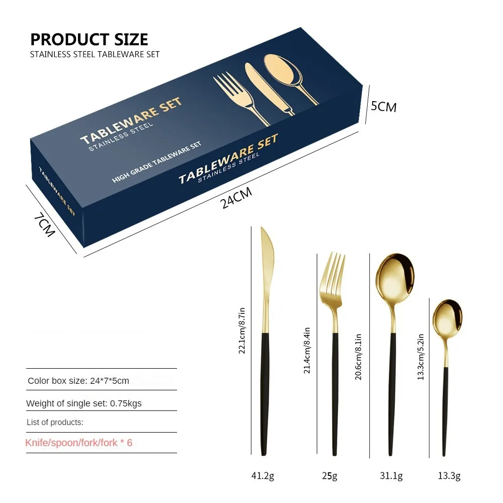 Stainless steel cutlery knife and fork set 24 pieces food grade durable 4 sets of 6 people gold cutlery and fork spoon