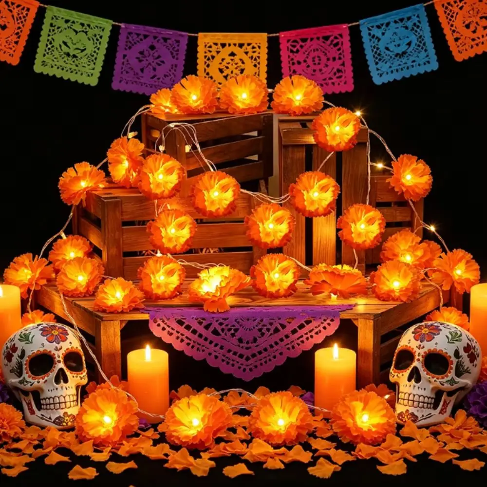 Mexican Style Halloween Marigold Led Lights Creative Orange Artificial Flowers String Lights Warm Light Battery Operated