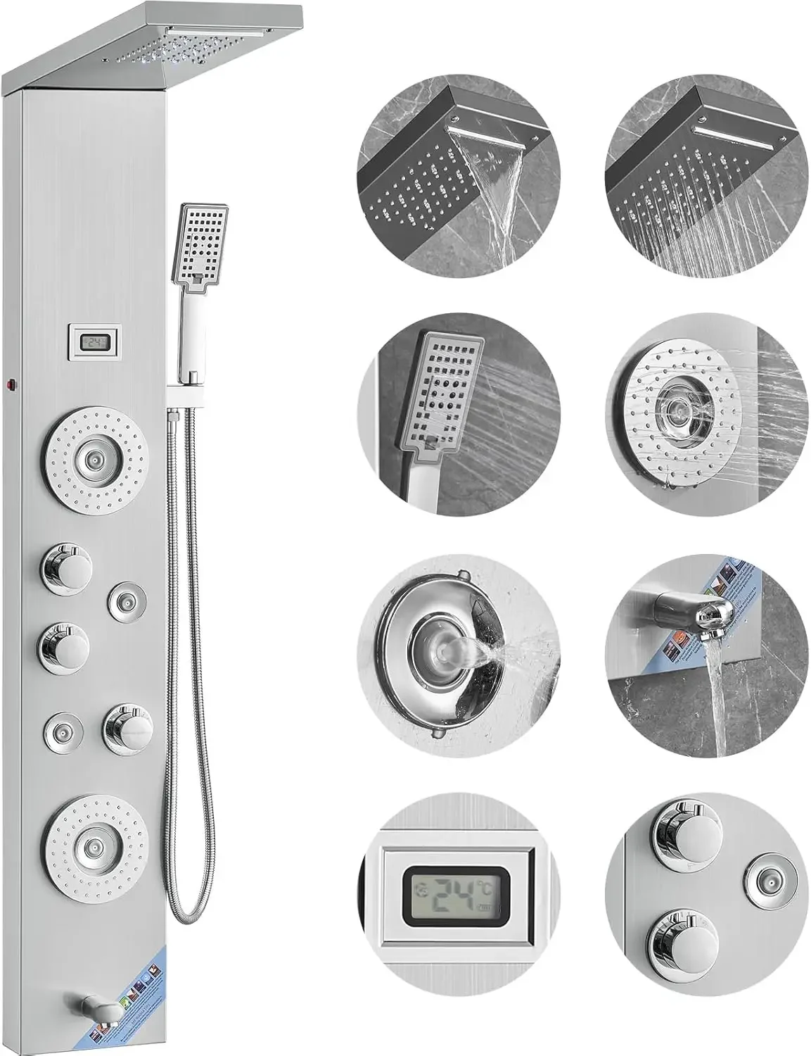 Shower Panel System, 6 Shower Modes, LED & Display Shower Panel Tower, Rainfall, Waterfall, 4 Body Massage Jets