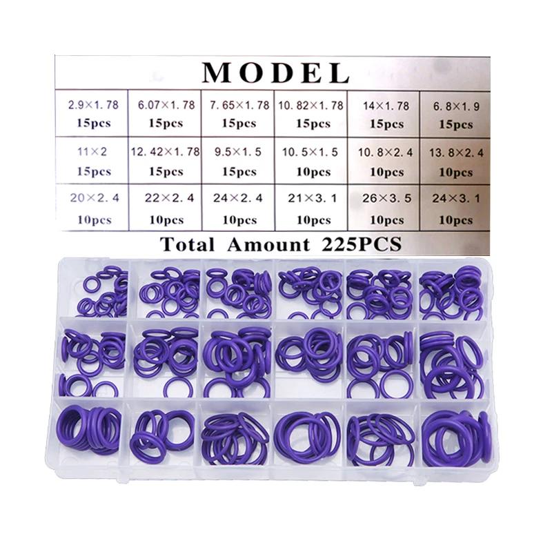 225Pcs 18Sizes Universal Car Air Conditioning HNBR O Rings Auto Repair Tools Compressor Rubber Rings Sealant Car Accessories