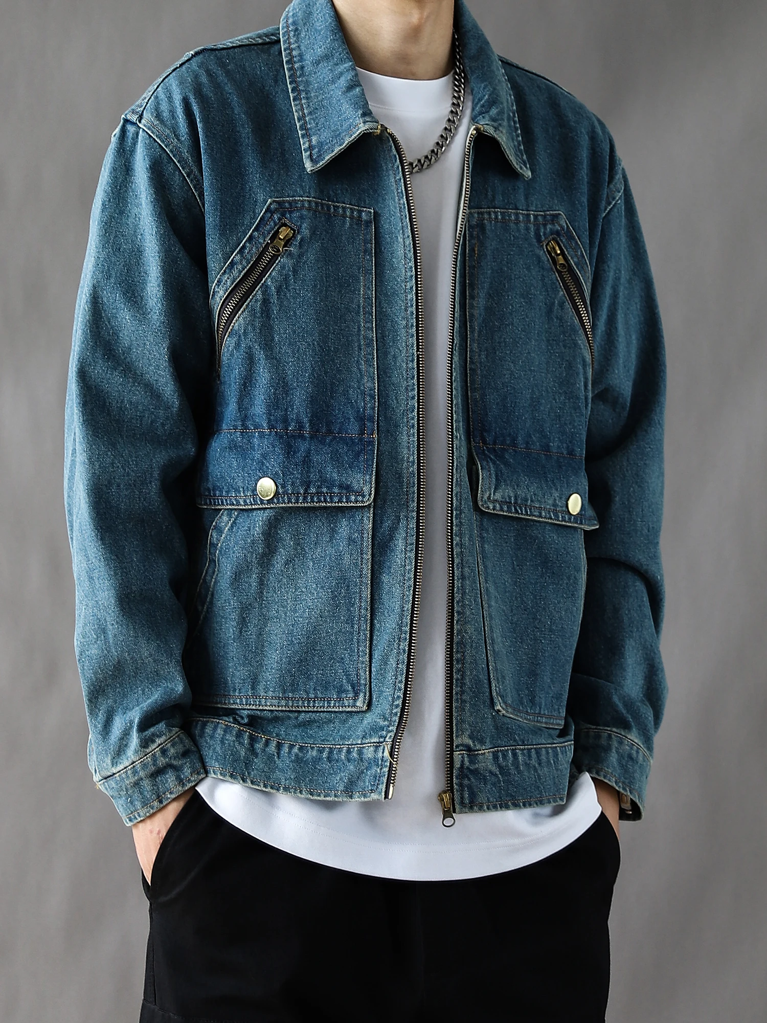 

High-End Men's Denim Work Jaet Casual Spring Autumn Sle Hard Casual Outerwear Zipper Closure Long Sve Flip Collar