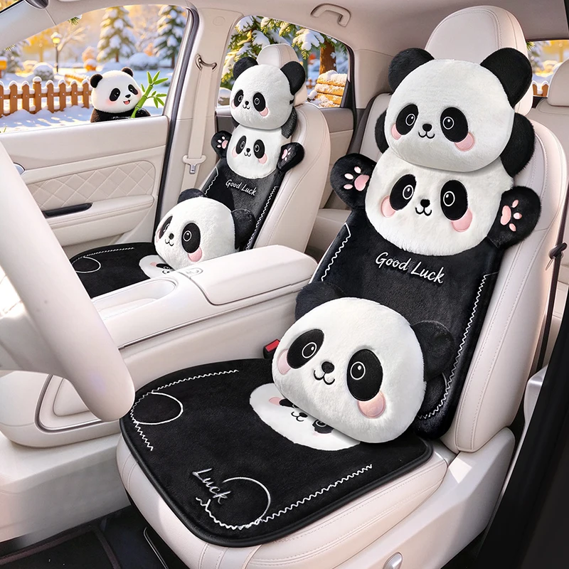 NEW Cute Car Seat Cover Women Universal Breathable Plush Cartoon Panda Black White Interior Protector Auto Accessories Pillow