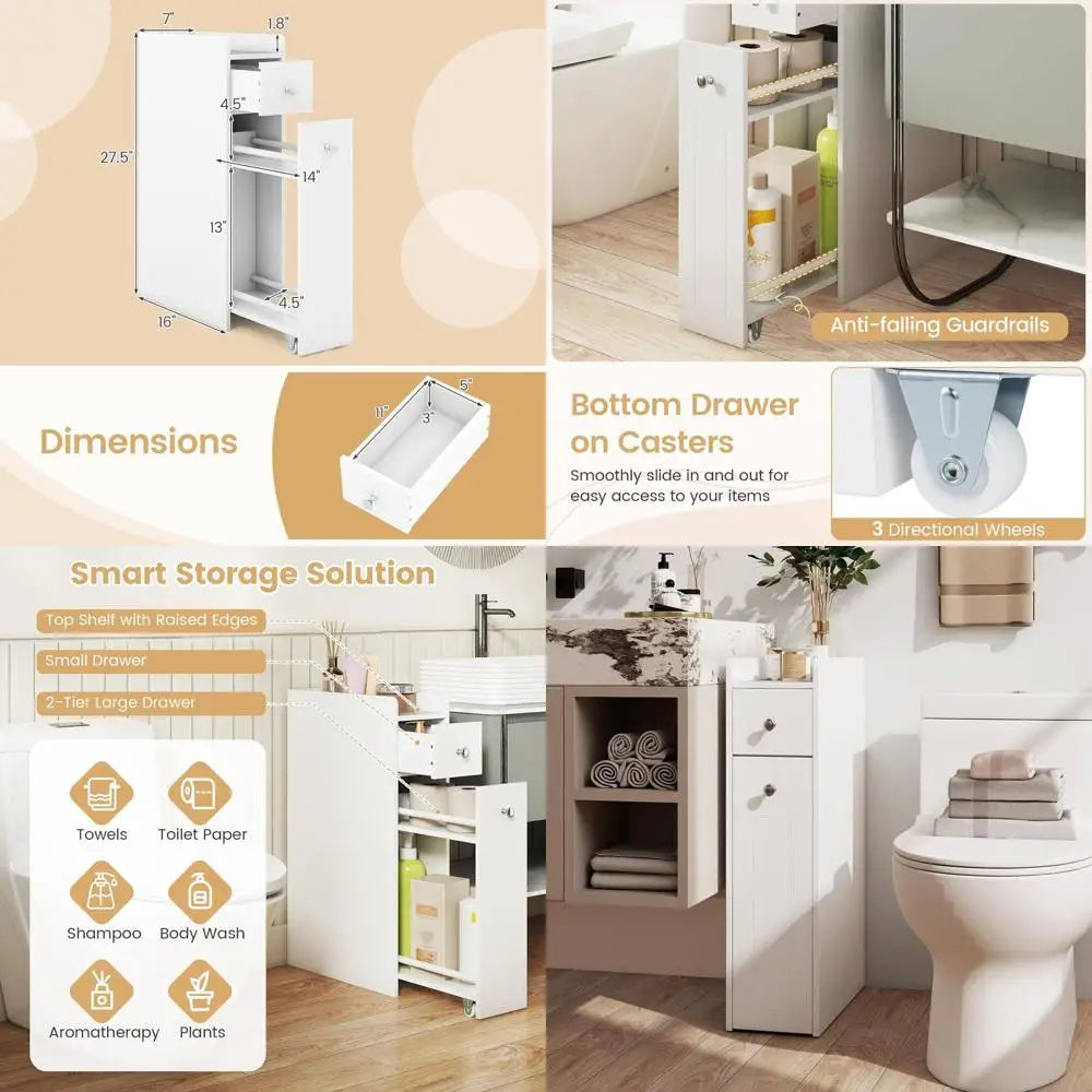 

4-Tier Slim Bathroom Storage Cabinet with Casters, Space-Saving Toilet Paper Holder for Small Spaces (White)