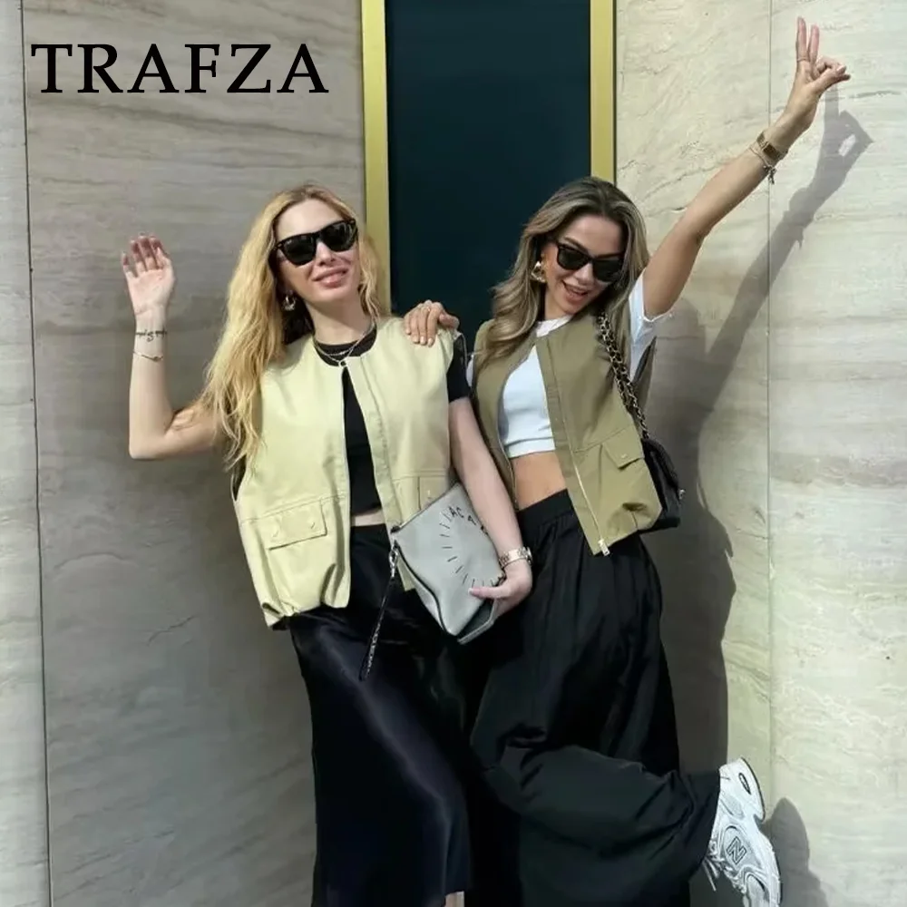 TRAFZA 2024 Spring Summer Casual Women Vests Fashion Vintage Solid Pockets Ruched O Neck Zippers Sleeveless Ladies Vests