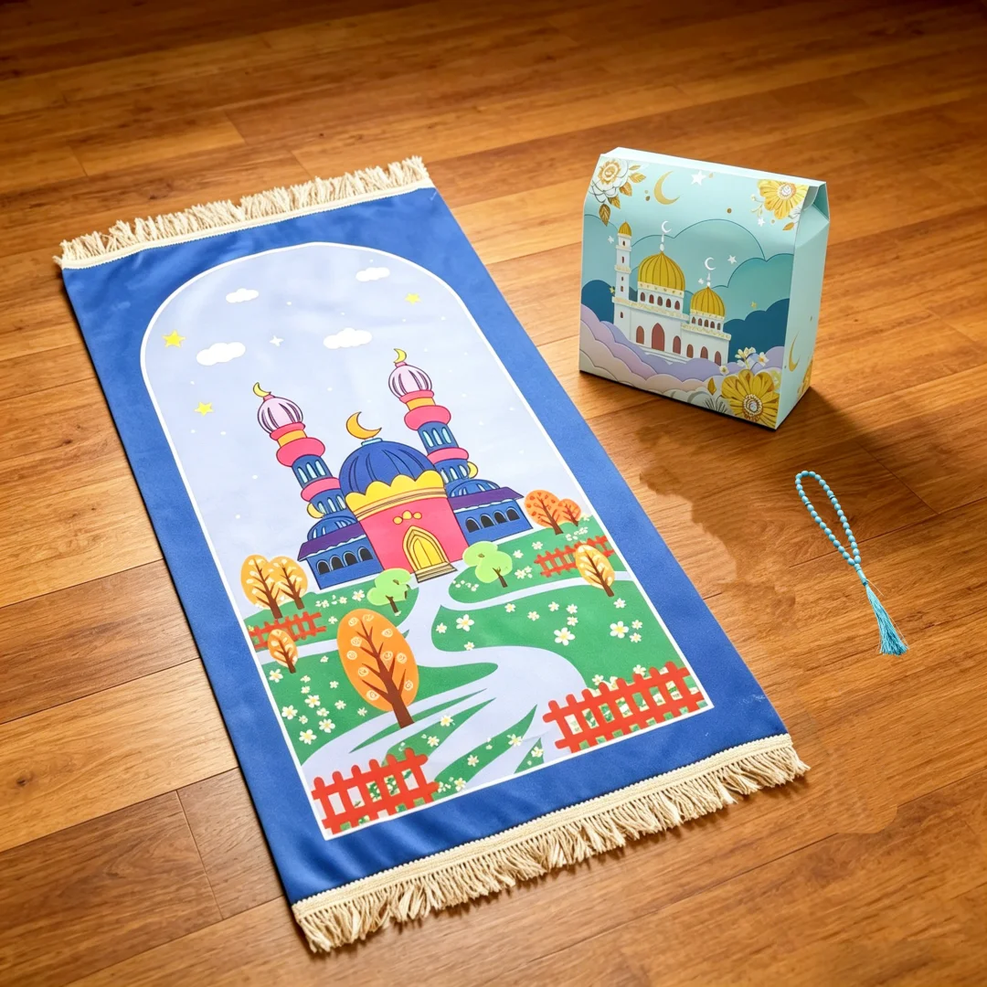 Velvet Children's Prayer Rug in Deluxe Gift Box, Soft Skin-Friendly Fabric with Playful Patterns, Kids' Worship Gift Mat