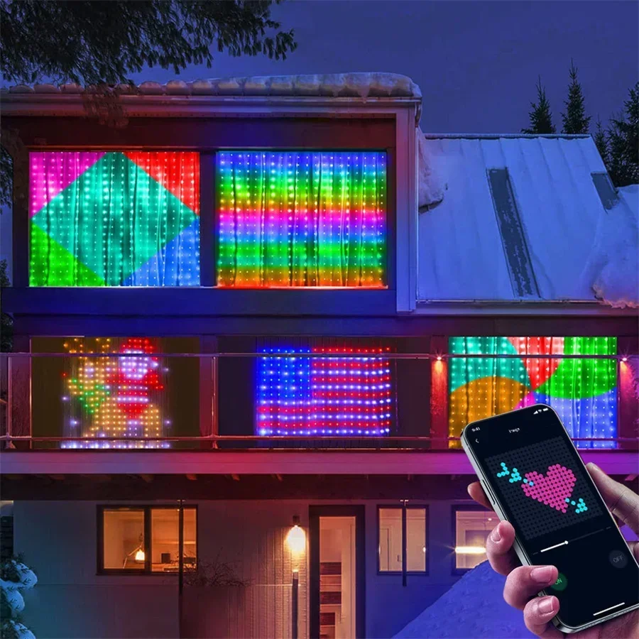 Luz de cortina dinámica inteligente para ventana de Navidad, guirnalda de luz animada RGBIC, con patrón y texto, aplicación de bricolaje, 400 LED