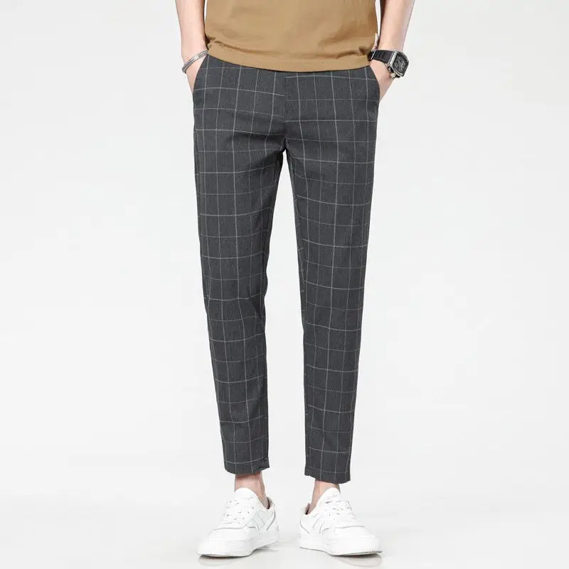 

Fashion Minimalist Summer Casual Pants Men Elastic Plaid Thin Style Pockets Business Versatile Straight Ankle Length Trousers